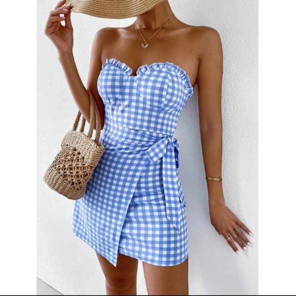 Plaid Gingham Print Frill Trim Knot Side Tube Dress blue - Picture 2 of 9